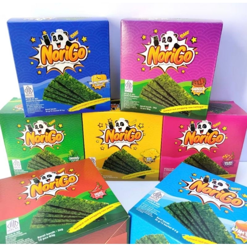 

Rumput laut norigo promosi 1 box isi 12 pcs free 1 pcs cemilan rumput laut