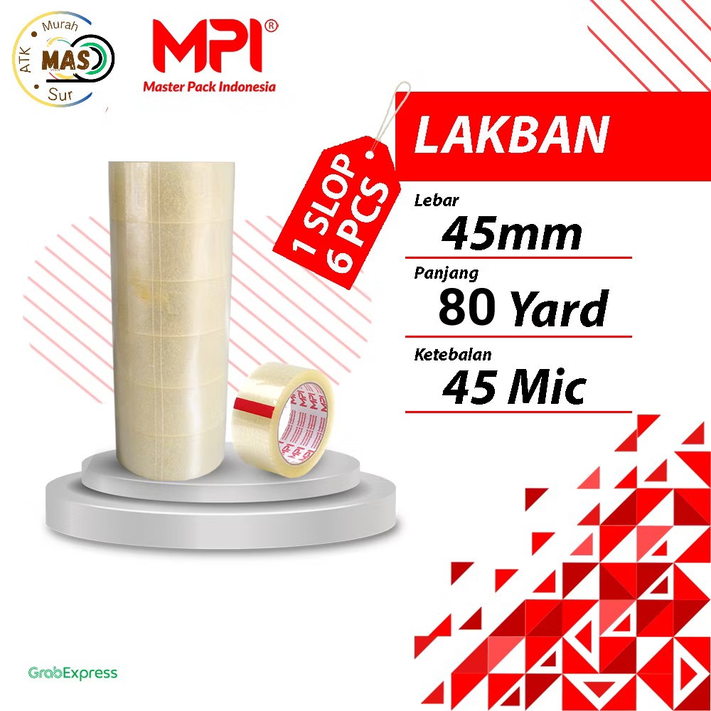 

1 Slop [ 6 Pcs ] Lakban Bening Ukuran 45 mm x 80 Yard Kualitas Bagus Dan Tidak Mudah Putus Merek MPI