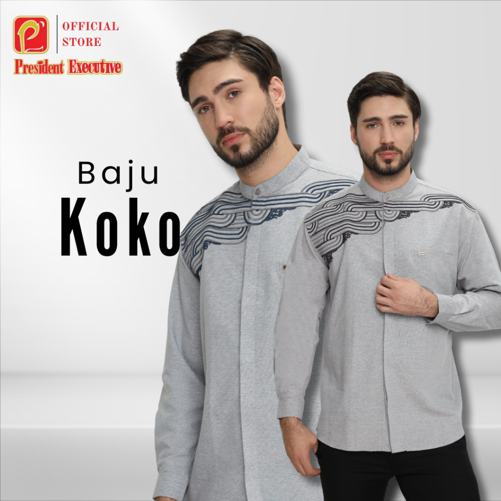 President Executive - Kemko Lengan Panjang Baju Koko Pria Dewasa Polos Motif Bordir Koko Al Bahar