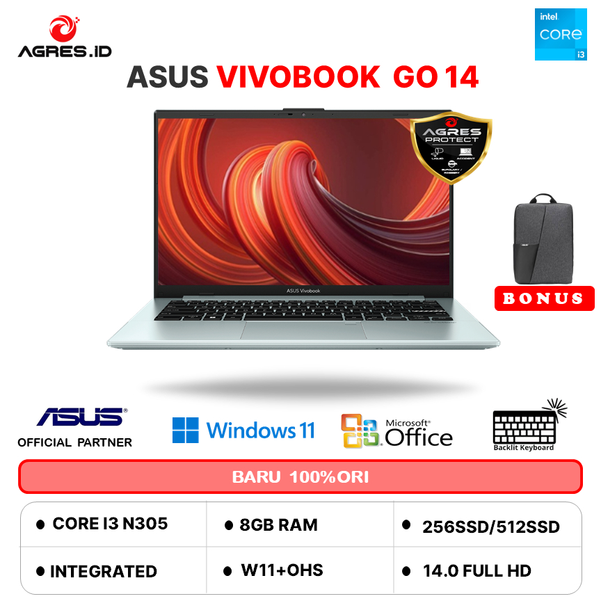 ASUS VIVOBOOK GO 14 E1404GA I3 N305 8GB 512GB W11+OHS 14.0FHD SLV -FHD353 GARANSI RESMI INDONESIA