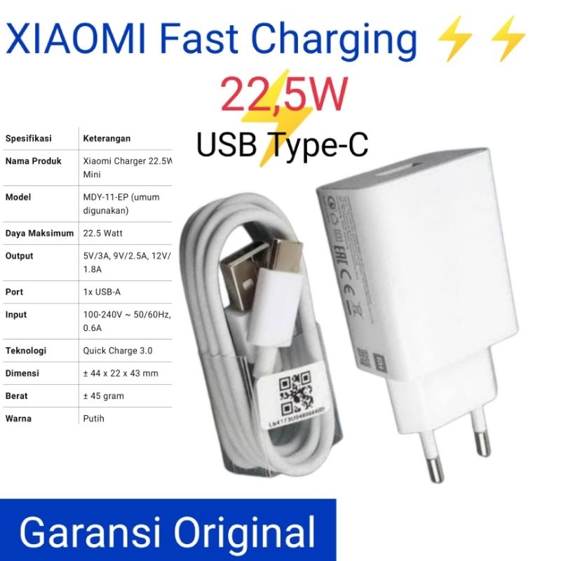 Charger Xiaomi 22,5W original -USB TYPE C Fast Charging