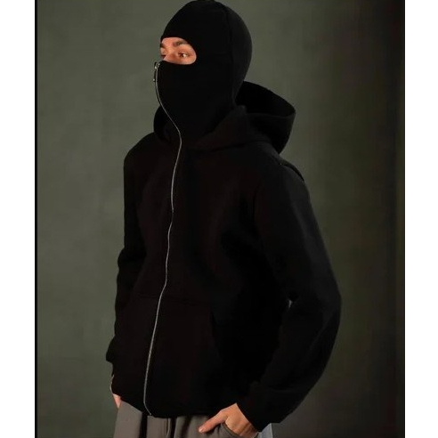 Jaket Pria Hoodie Balaclava Full Face Zipper - Hitam Masker Hoodie