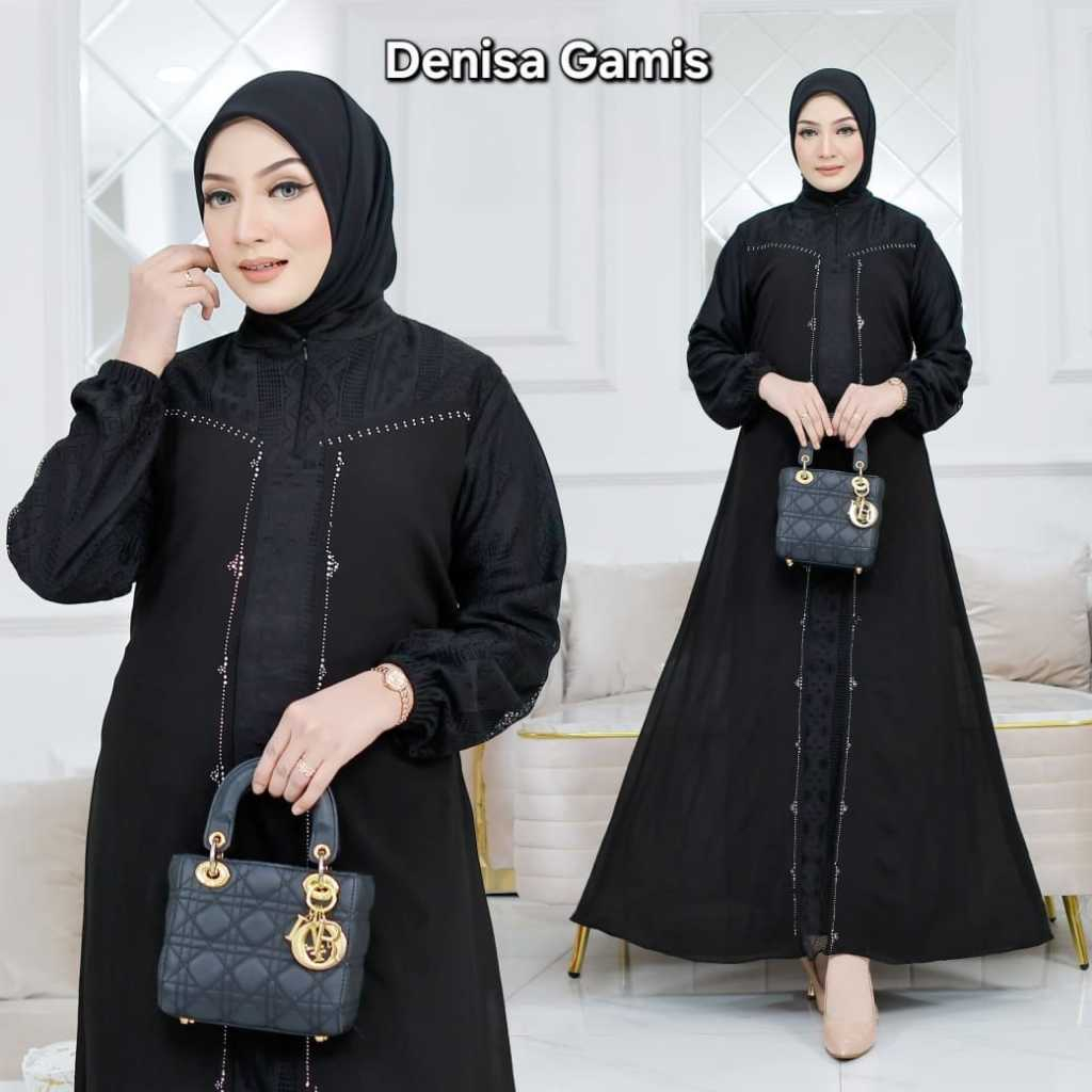 Dress Muslim Hijab Bahan Cerruty Babydoll Mix Swarovski Gamis Kondangan Abaya Hitam - Denisa