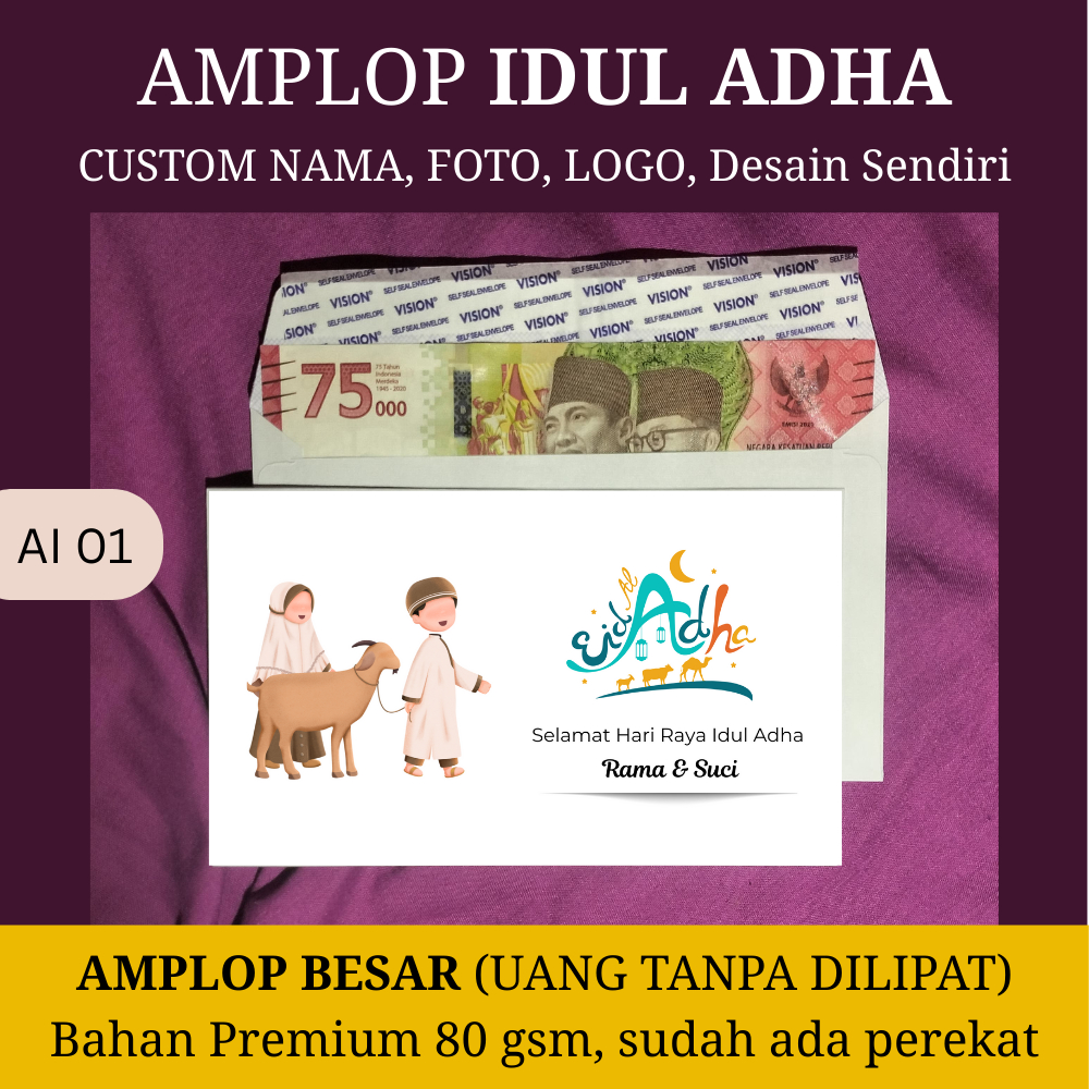 

AMPLOP IDUL ADHA BESAR (UANG TANPA DILIPAT) CUSTOM NAMA, FOTO DAN ALAMAT - SUDAH ADA PEREKAT