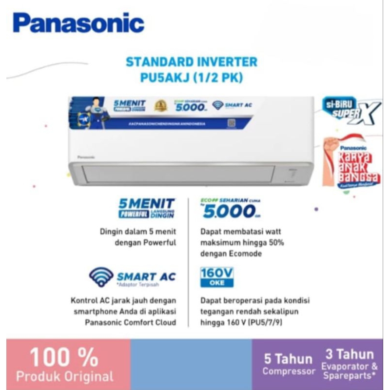 AC PANASONIC 1/2 PK INVERTER PU5AKJ + PASANG