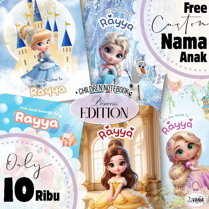 

Le Vania Custom Buku Tulis A5-FREE NAMA ANAK/Princess Edition Isi 30 lembar