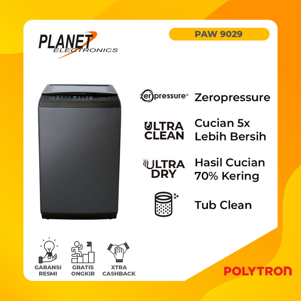 Mesin Cuci 1 Tabung 9kg Polytron PAW 9029 Mesin Cuci Otomatis