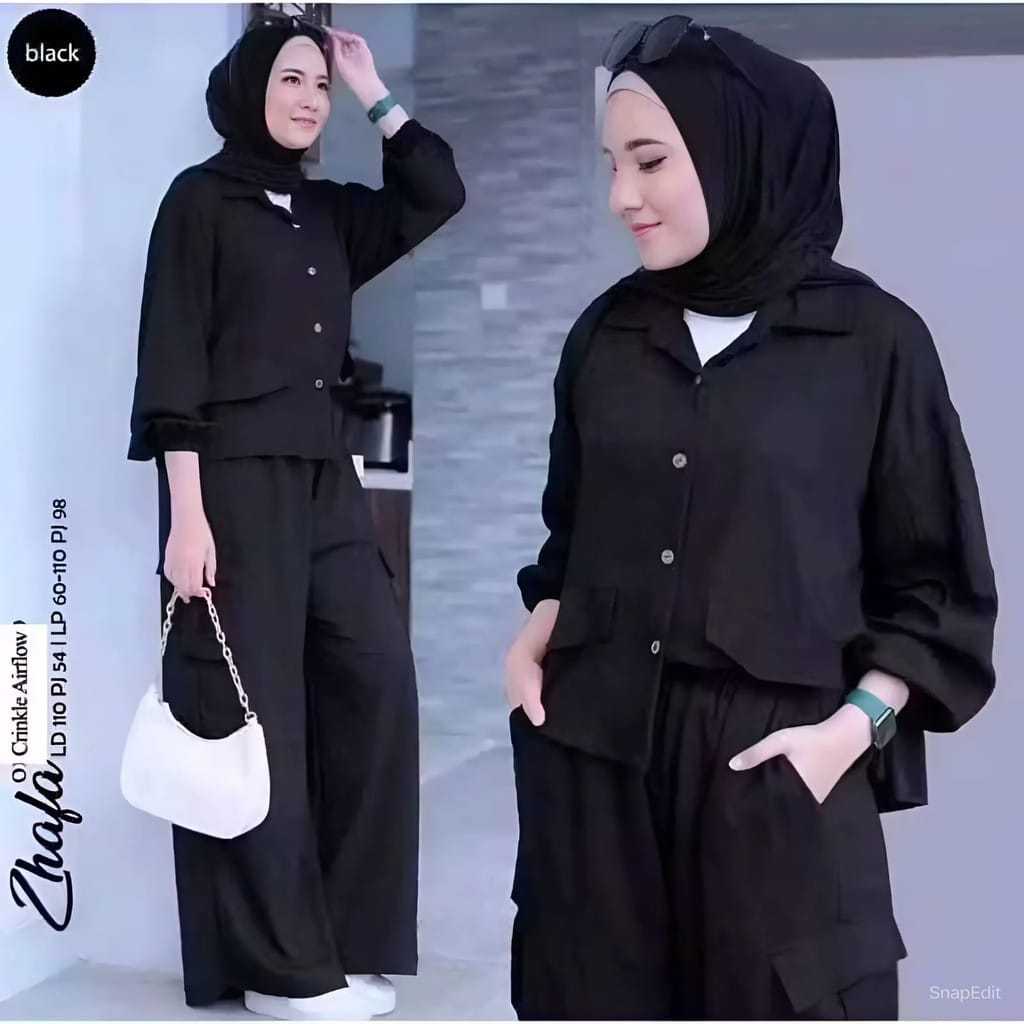 setelan one set baju wanita set cargo polos lengan panjang dan celana panjang
