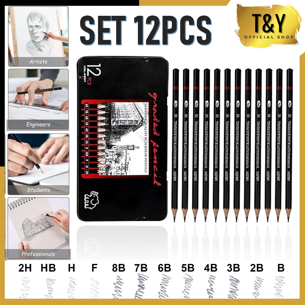 

T&Y Set 12pcs Pensil Gambar Sketsa Set Lengkap Pensil Set 12in1 2H H F B HB 2B 3B 4B 5B 6B 7B 8B Charcoal Pencils Set Perlengkapan Lukis