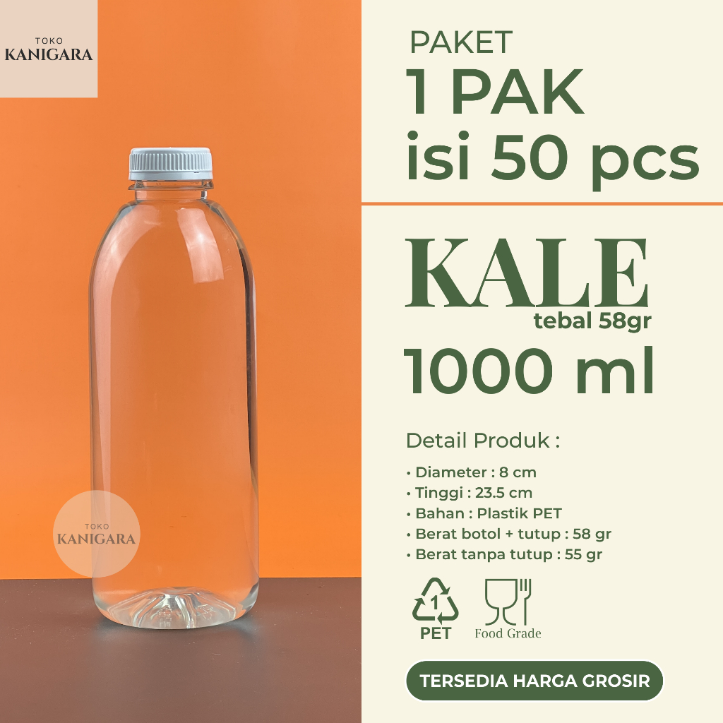 Botol Kale 1 Liter TEBAL - 1 PAK Isi 50 Pcs - Botol Plastik Kale 1000 ml GROSIR - Botol Minuman