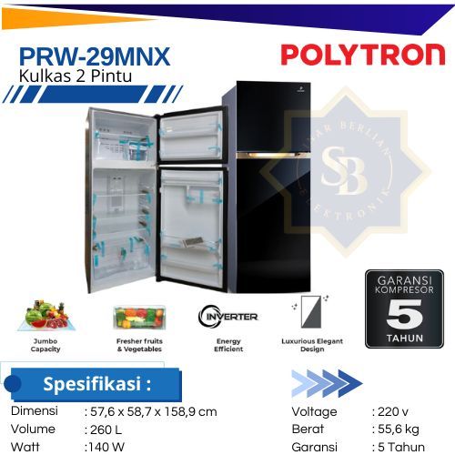 POLYTRON Kulkas 2 Pintu Kaca Belleza Jumbo PRW-29MNX Hitam
