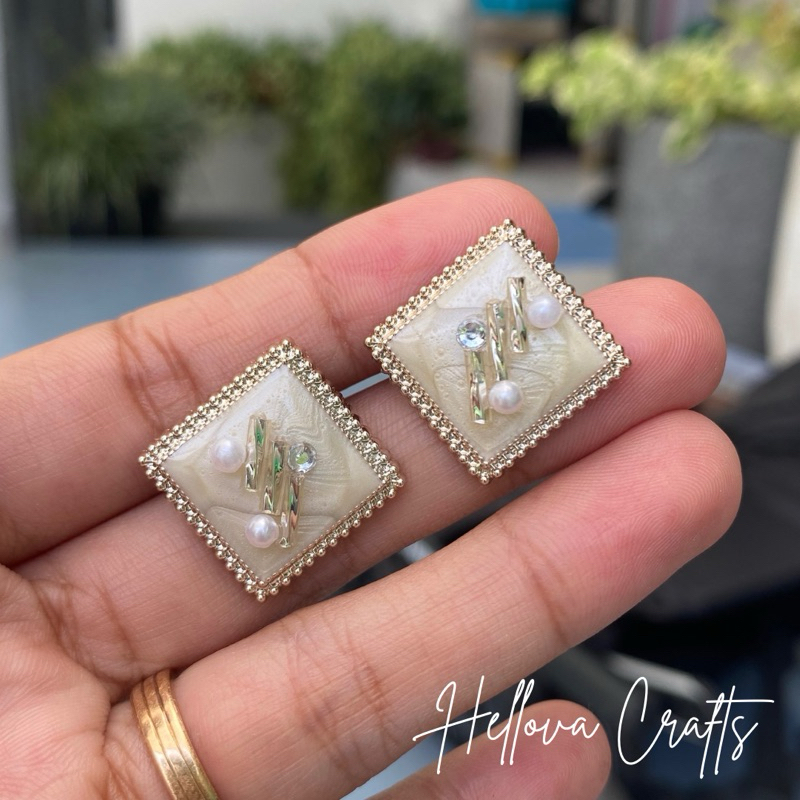 [HC] 13 - Anting Square - Anting tusuk fashion kotak resin kristal tabung mutiara elegan