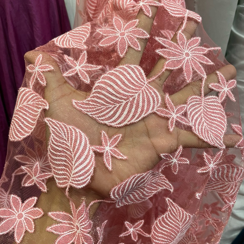 kain organza bordir motif bunga premium - kain organza bordir glitter - kain organza warna pink rzt