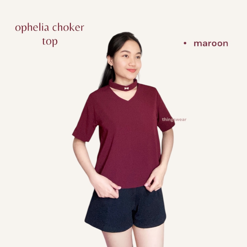 Blouse Woman Korea Choker Top Maroon - Atasan Baju Wanita Choker Unik Korea Style Terbaru V Neck Pre