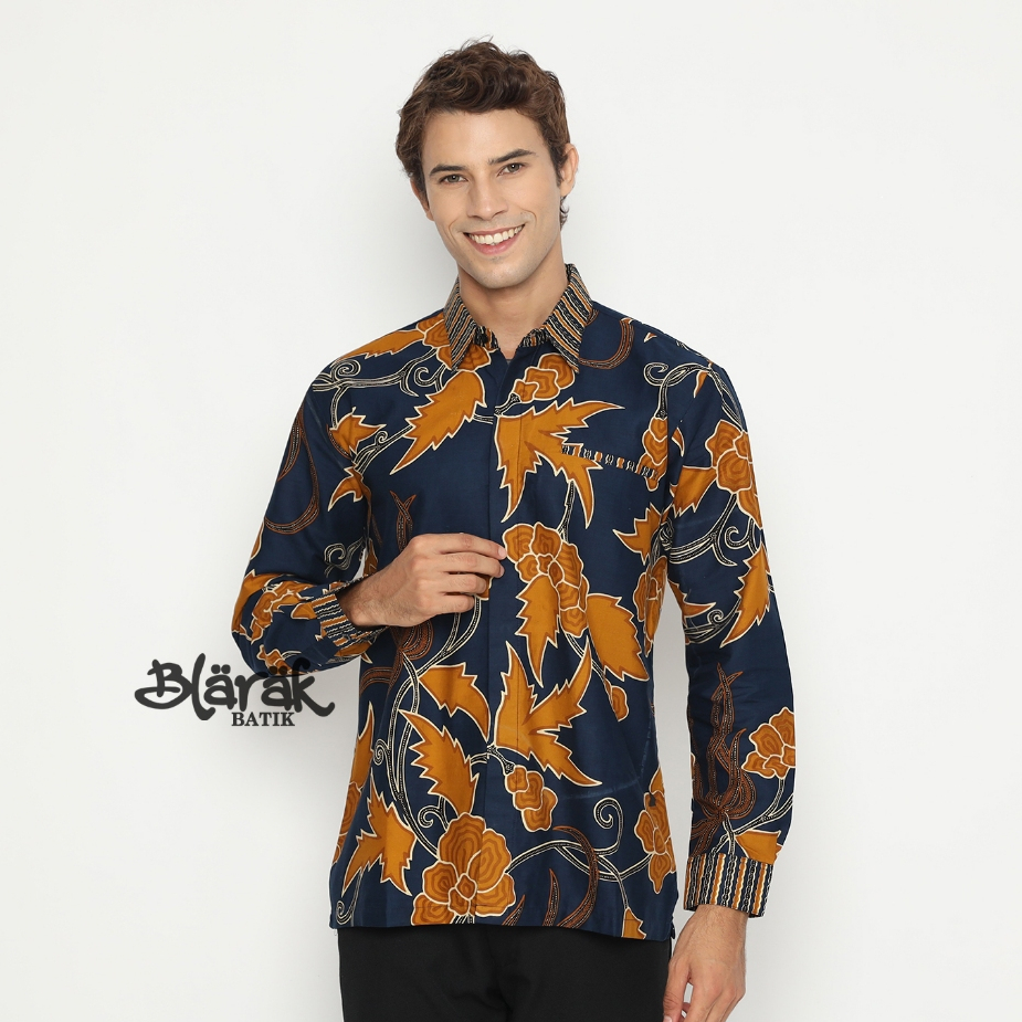 BLARAK - Baju Kemeja Batik Pria Premium Lengan Panjang Madya Navy Blarak Batik