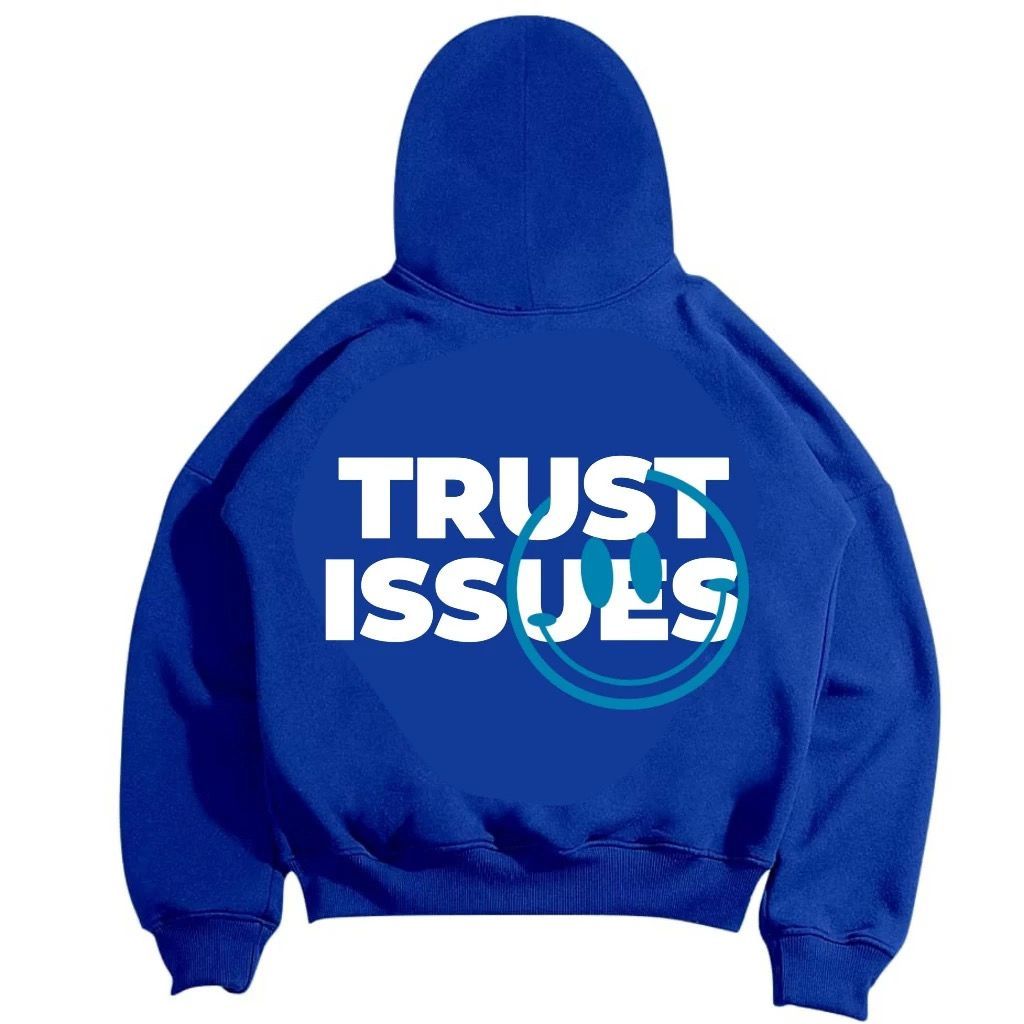 Jaket Sweater Hoodie Boxy Oversize Unisex Trust Issue Biru Distro Keren - Pria Wanita Tebal M -XXL