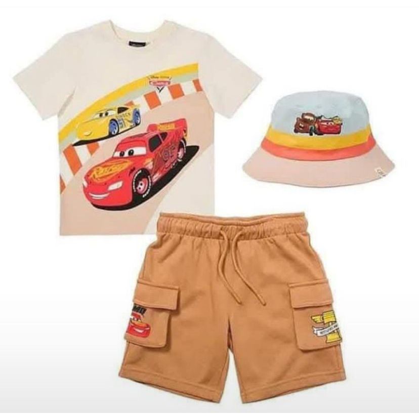 Set 3in1 Kaos Celana Kargo dan Topi Karakter Cars McQueen by Zara