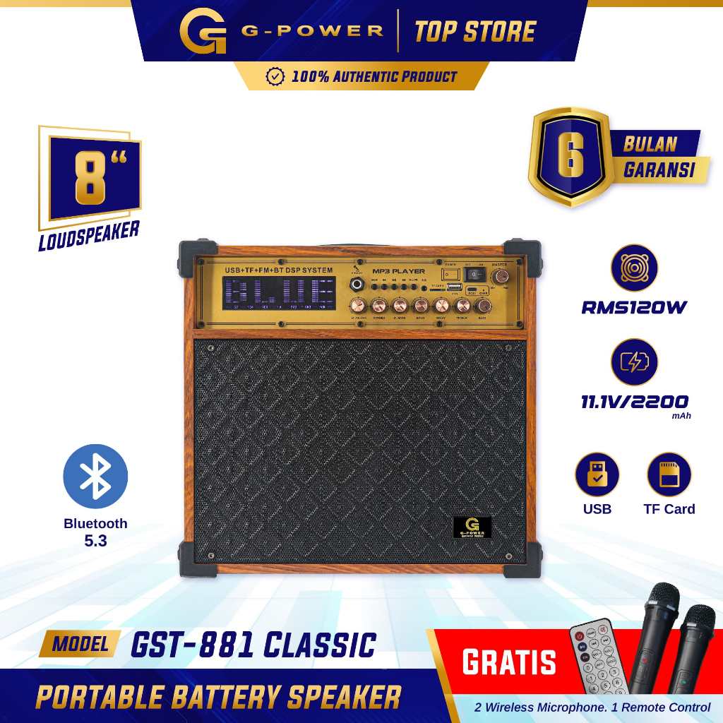 G-POWER Guitar Speaker GST 881 - Karaoke Bluetooth – Bisa Input Gitar Listrik - Free 2 Mic Wireless