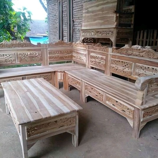 set meja kursi tamu kayu jati minimalis ukir sofa bagong leter L siku sudut pojok