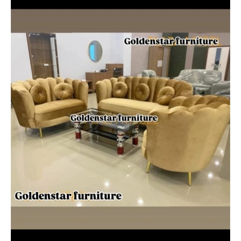 Sofa Kursi tamu 321 mulan/Kerang minimalis bludru kaki Besi gold(TANPA MEJA)