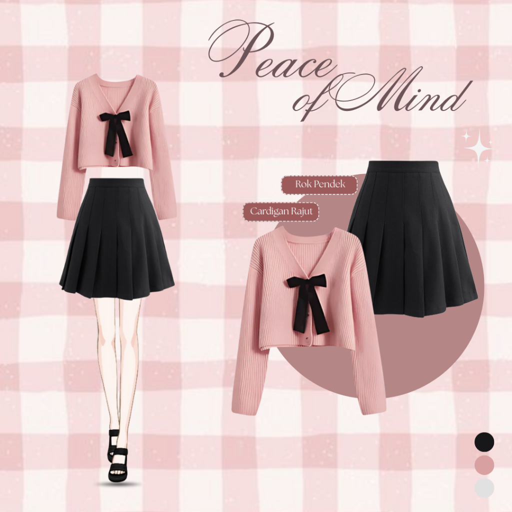 Outfit Cewek Satu Set {Cardigan Rajut Pink Pita + Rok Katun Hitam Sleting} UW035