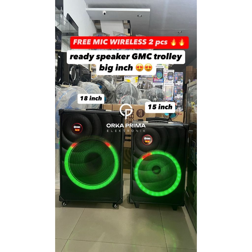 SPEAKER PORTABLE GMC 883i 883j BLUETOOTH 15 & 18 INCH INCH FREE 2 PCS MIC WIRELESS