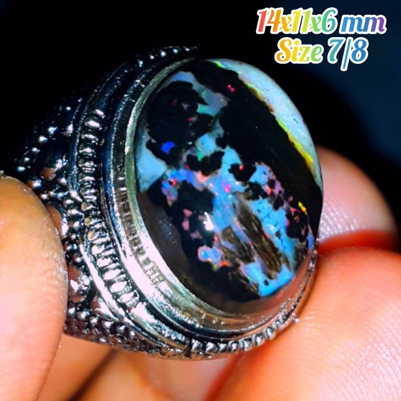 Cincin Batu Akik Black Opal Kalimaya Sempur Banten Top Sisit Jarong Natural Bahan Ranting