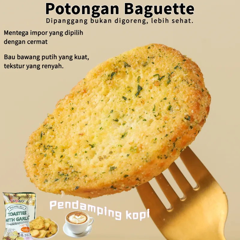 

Kue roti beraroma bawang putih dengan cita rasa baru. Potongan baguette yang dipanggang. Pendamping kopi dengan aroma bawang putih yang kuat dan tekstur renyah