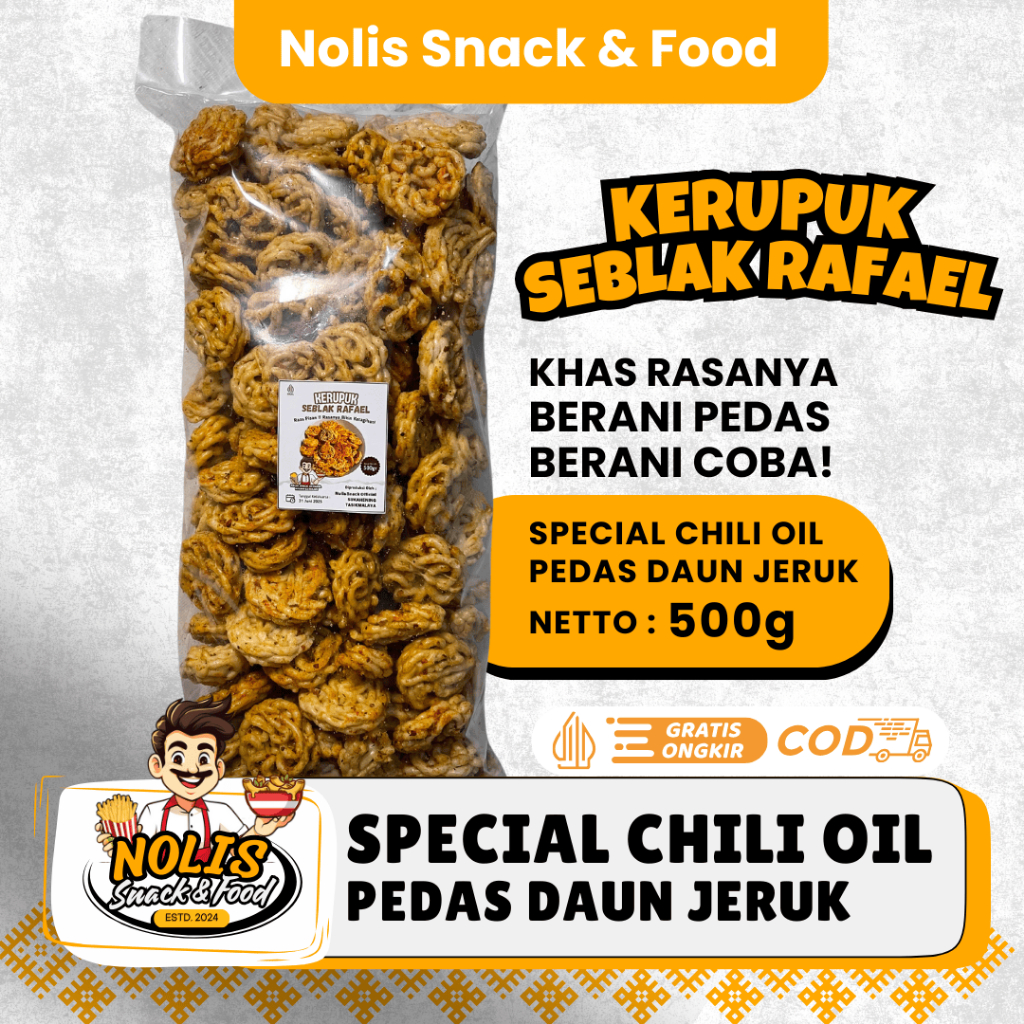 

500gr - Kerupuk Seblak Rafael Special Pedas Chili Oil [NOLIS SNACK & FOOD]Sebring Seblak mawar Putih