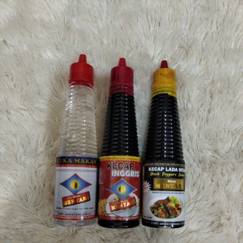 

paket 3 botol cuka makan,kecap inggris,kecap lada hitam cap sinar mentari 150ml