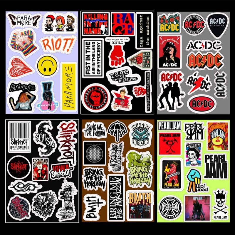 

STICKER SHEET BAND PARAMOREAX7 RHCP BLUR MCR RADIOHEAD LINKINPARK GREENDAY RATM ACDC SLIPKNOT PEARLJAM BMTH AVA BLINK LINKINPARK OASIS