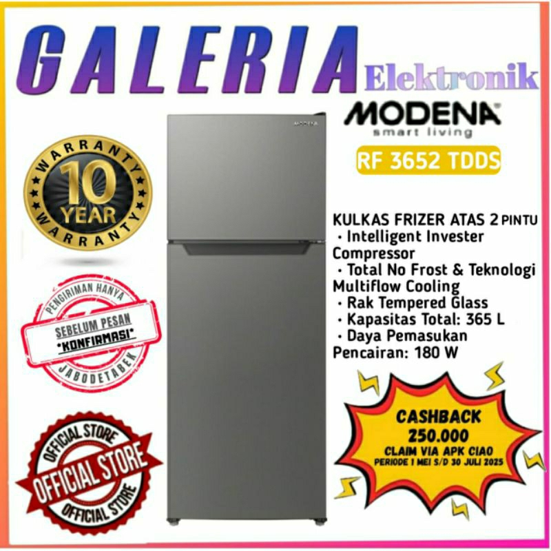 MODENA KULKAS 2 PINTU RF-3652TDDS / RF3652TDDS / RF 3652TDDS - 365L