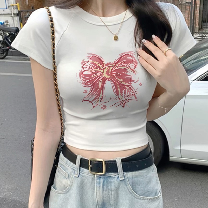 Hot Sale Yesgirl T-Shirt Crop Top Lengan Pendek Kaos Wanita Crop Top Korea Kupu-Kupu Kaos Crop