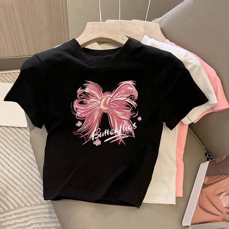 Best Deals Yesgirl T-Shirt Crop Top Lengan Pendek Kaos Wanita Crop Top Korea Kupu-Kupu Kaos Crop