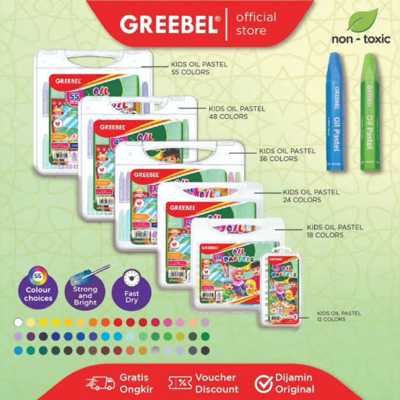 

OIL PASTEL GREEBEL HALAL EDITION | 12-18–24-36-48-55 COLORS | CRAYON ANAK | NON TOXIC
