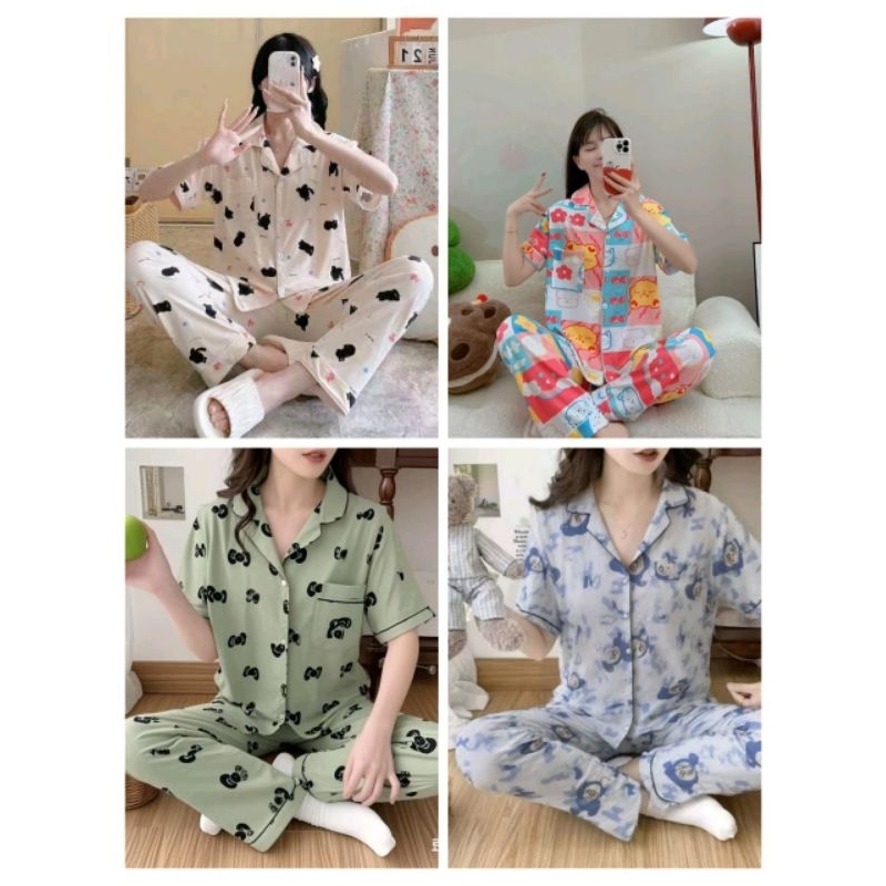 Baju Tidur Wanita Piyama Cewek Set Kemeja Lengan Pendek + Celana Panjang || Style Korea Poliester Pr