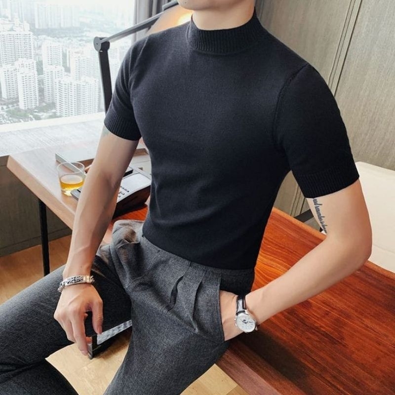 kaos rib  turtleneck lengan pendek pria / kaos rib kerah tinggi lengan pendek