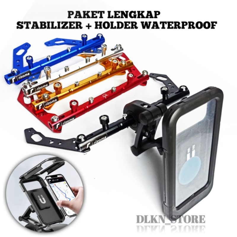 Baru Holder Hp Waterproof Paket Lengkap + Stabilizer Spion Motor Nmax, Lexi, Vario New, Mio, Beat,