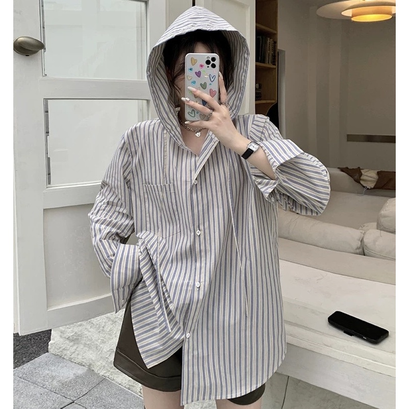 YURUMA Kemeja Stripes Korea Kekinian Ada Hoodie-nya, Bahan Adem Buat Streetwear Look