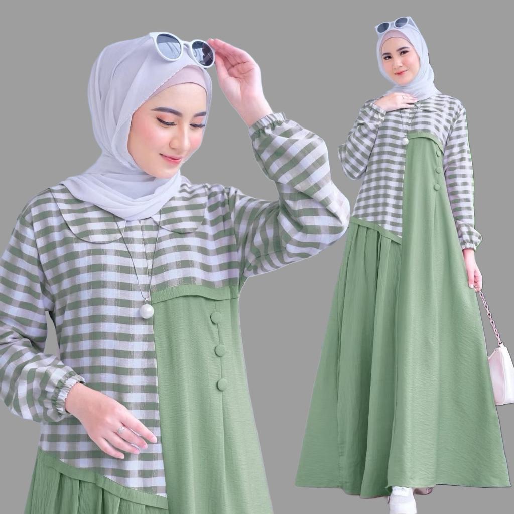 Gamis Ainun Dress Motif Kombinasi Kotak  Gamis Busui frendly ( Katun Premium Rayon ) LD 95 - 100 - 1