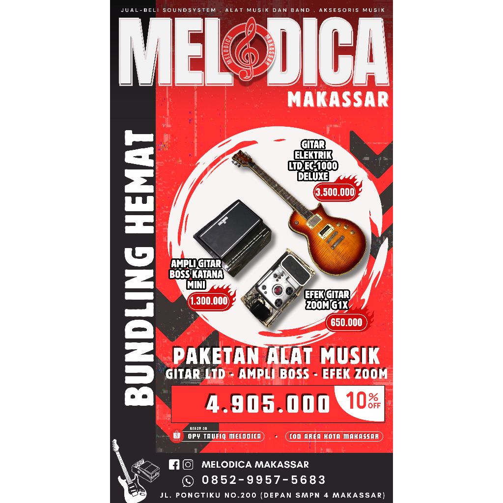 Paketan Alat Musik - Gitar Elektrik LTD EC-1000 Deluxe, Amply Boss Katana Mini & Efek Zoom G1X