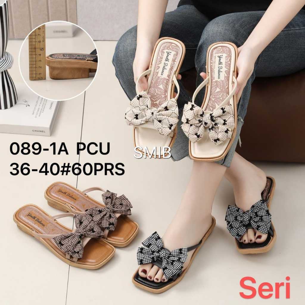 Sandal Selop Wanita Karet Import BALANCE Motif Pita Hak 3 CM / 089-1A
