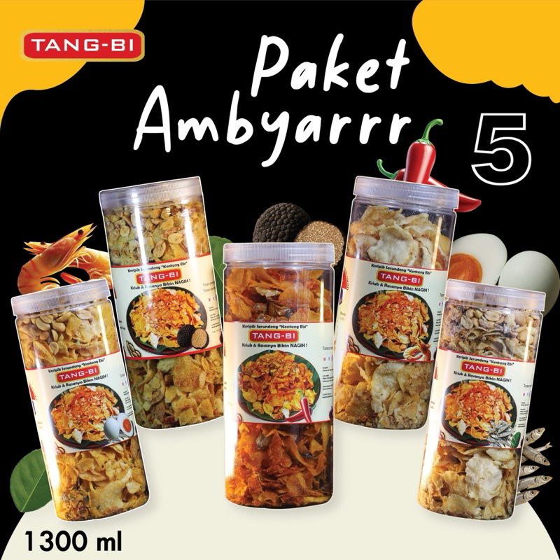 

Paket AMBYAR isi 5 toples (1300 ml) - Keripik Kentang Emping Tangbi Jajanan Cemilan Nusantara