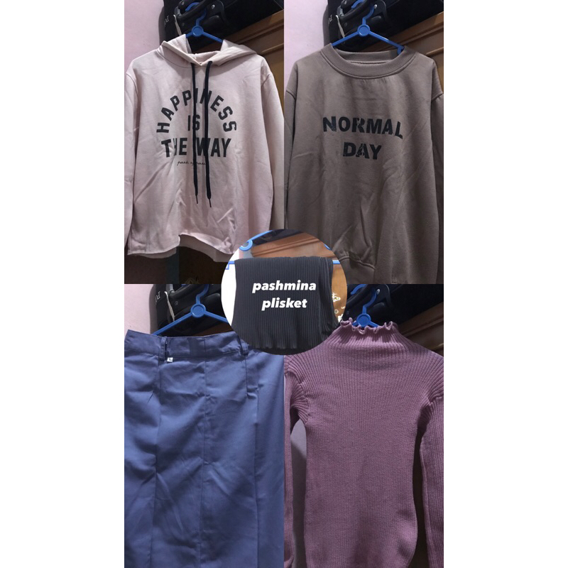 preloved sweater, hoodie, rok span sma, inner rajut turtleneck, pashmina plisket