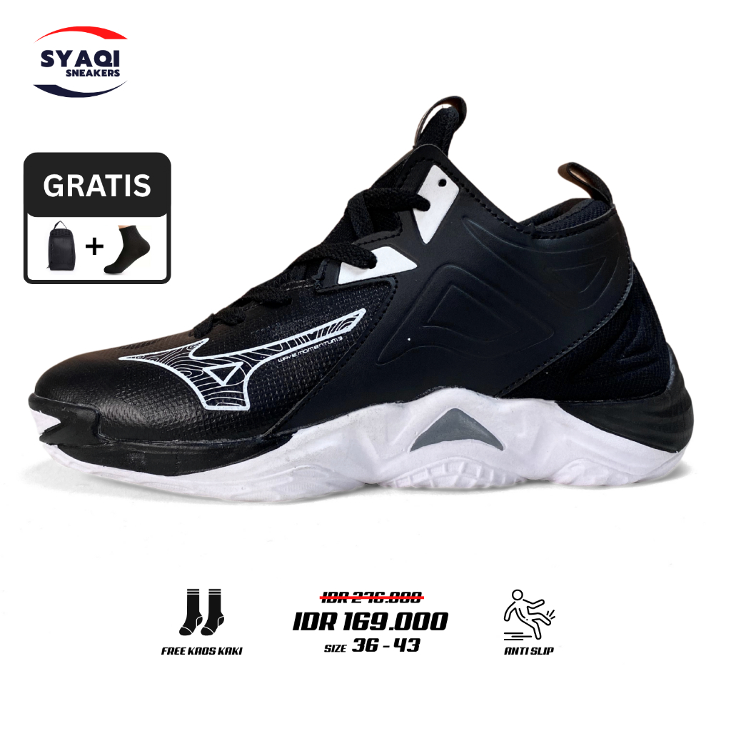 Syaqi Sneakers - Sepatu pria olahraga volly premium quality VOLLY MIZUNO MOMENTUM3 LOW Hitam Putih