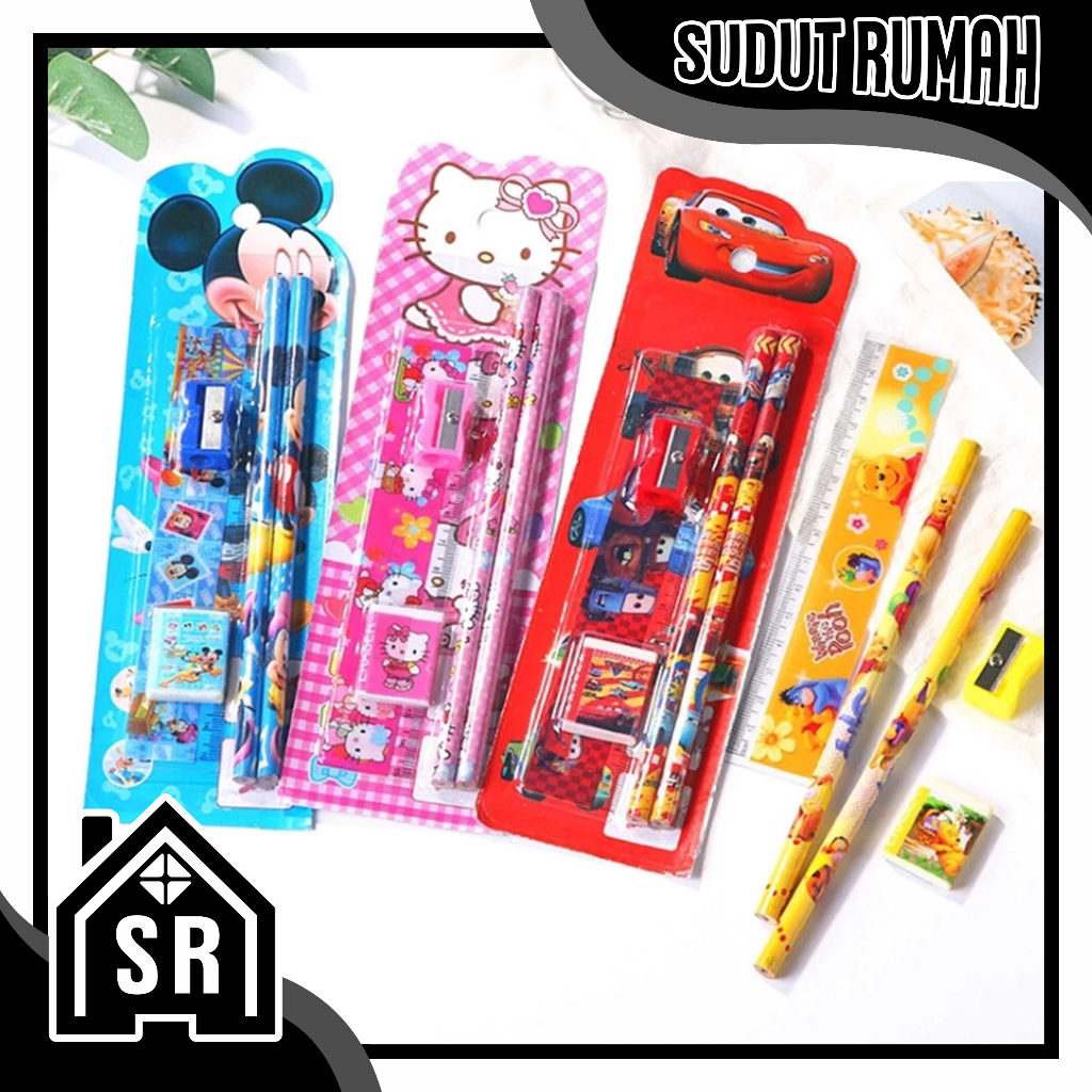 

SR Stationery Set 5 in 1 Alat Tulis Anak Sekolah Penghapus Penggaris Pensil Serutan Karakter Lucu S004