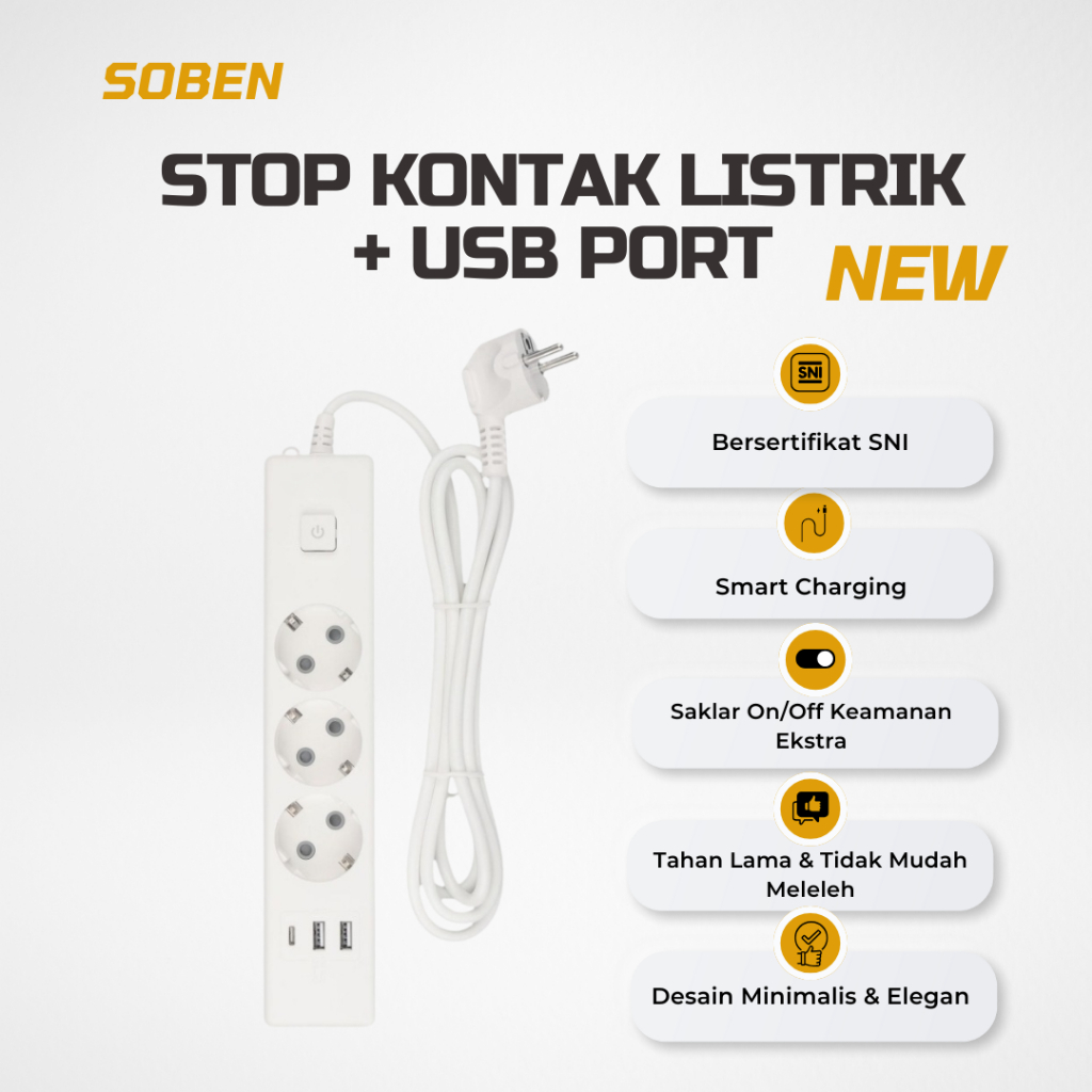 SOBEN Stop Kontak Port USB Charger Dengan Kabel 3 x1 /  Colokan Listrik Daya Maximal 4000WAT / Power