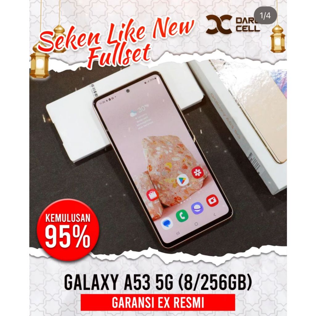 SEKEN LIKE NEW SAMSUNG GALAXY A53 5G 8/256GB MULUS SECOND GARANSI EX RESMI. WARNA AWESOME PEACH