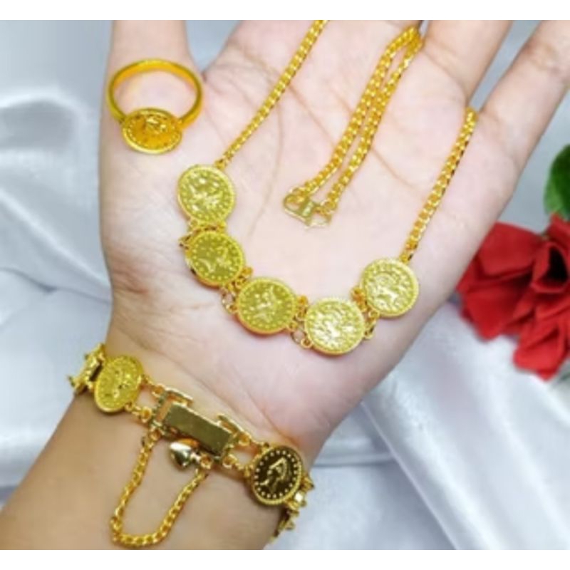 SATU SET PERHIASAN BANGKOK MOTIF KOIN KUNINGAN TERBARU LAPIS EMAS 24K