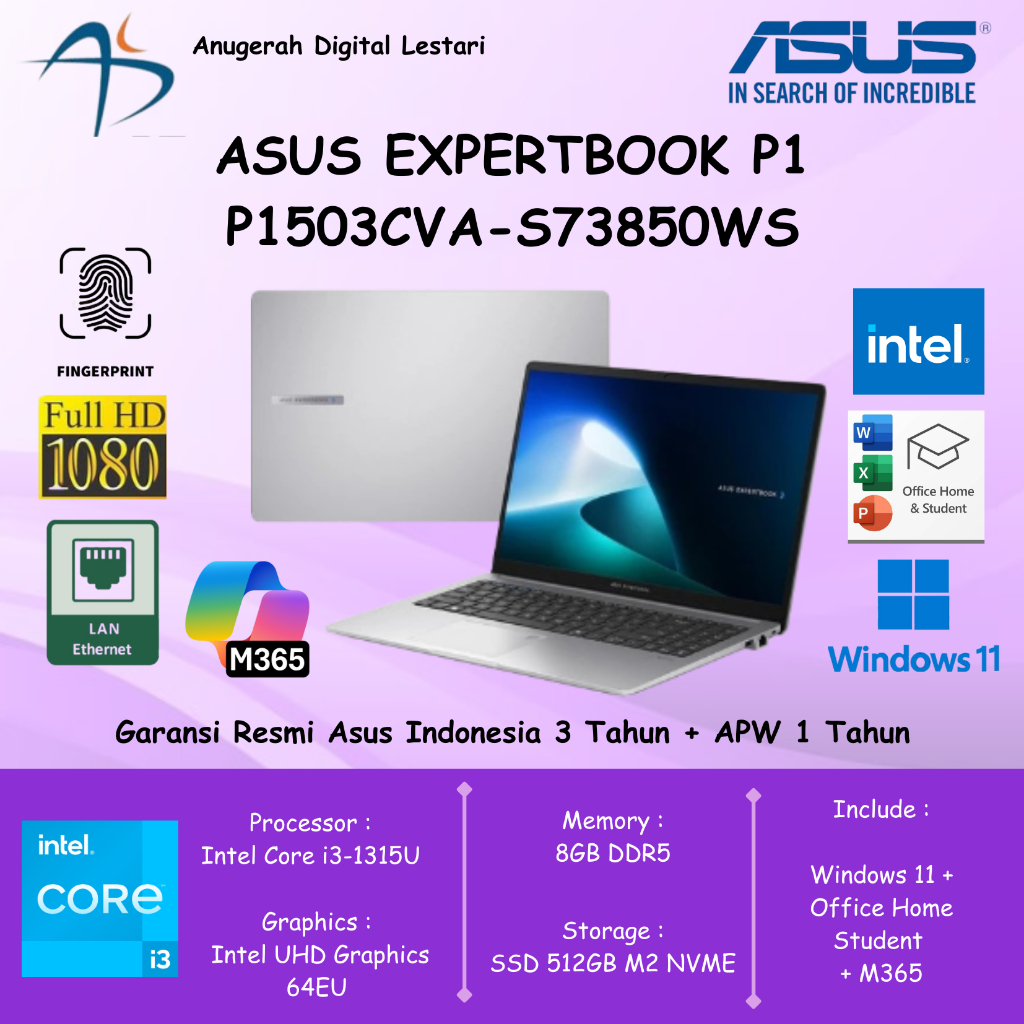Asus Expertbook P1503CVA-S73850WS Core i3-1315U 8GB 512GB SSD 15.6"FHD WIN 11 OHS